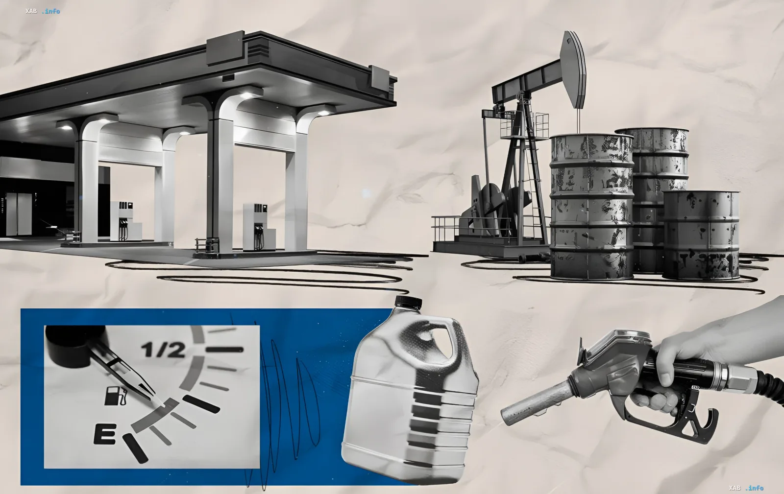 Дизельное топливо дешевле 80 гривен: коллаж с АЗС, нефтяной вышкой, цистернами и топливным пистолетом иллюстрирует влияние мировых цен на украинский рынок