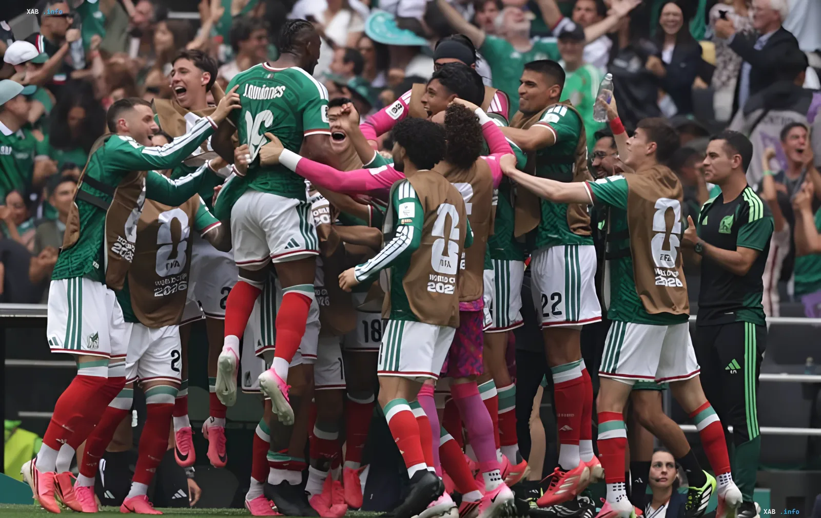 Mexico national football team players celebrate a goal during a 2026 World Cup qualifier match
