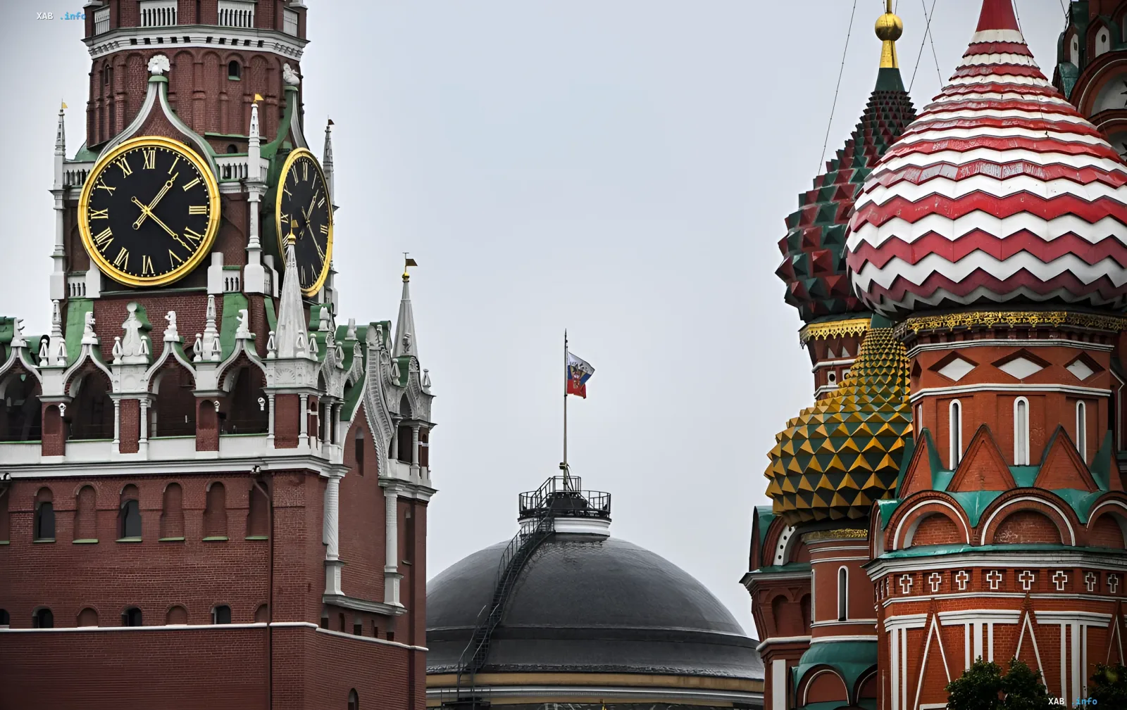 Спаська вежа Кремля та собор Василя Блаженного на фоні сірого неба, що символізують відновлення діалогу між ЄС та Росією