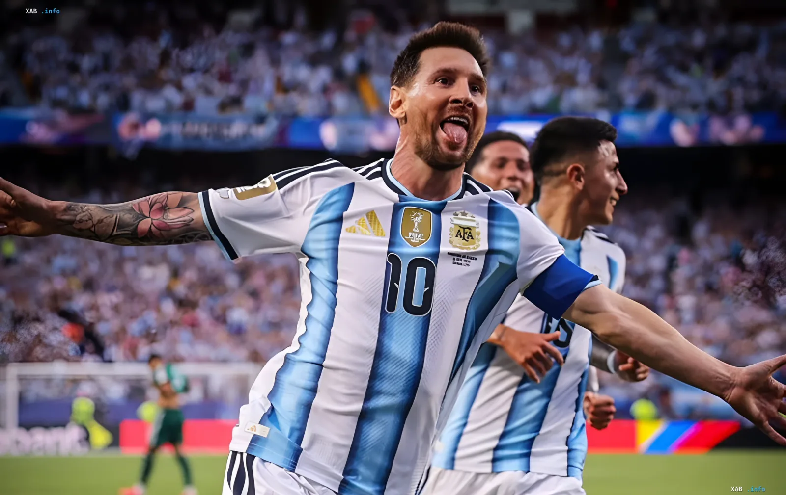 Lionel Messi in the Argentina national team jersey celebrates a goal at the 2026 World Cup, leading the top scorers race