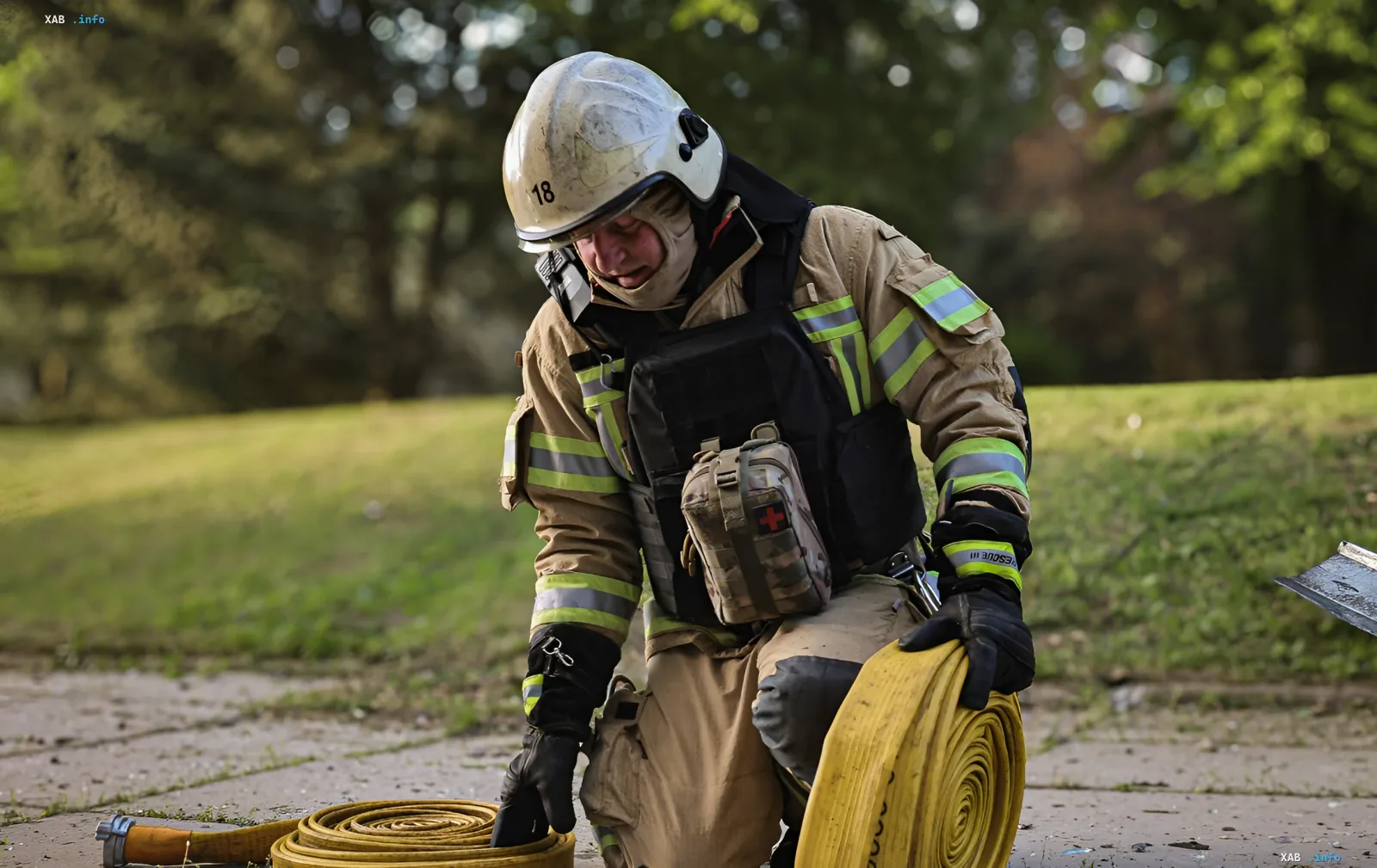 Firefighter in protective gear rolling up a hose after extinguishing fires caused by night attack on Poltava region