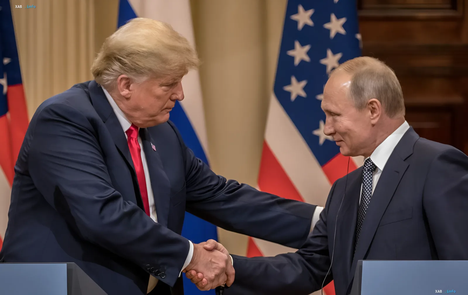 Дональд Трамп и Владимир Путин пожимают руки на фоне флагов США и России, иллюстрируя дипломатическое взаимодействие в контексте благодарности за нейтралитет в иранском конфликте