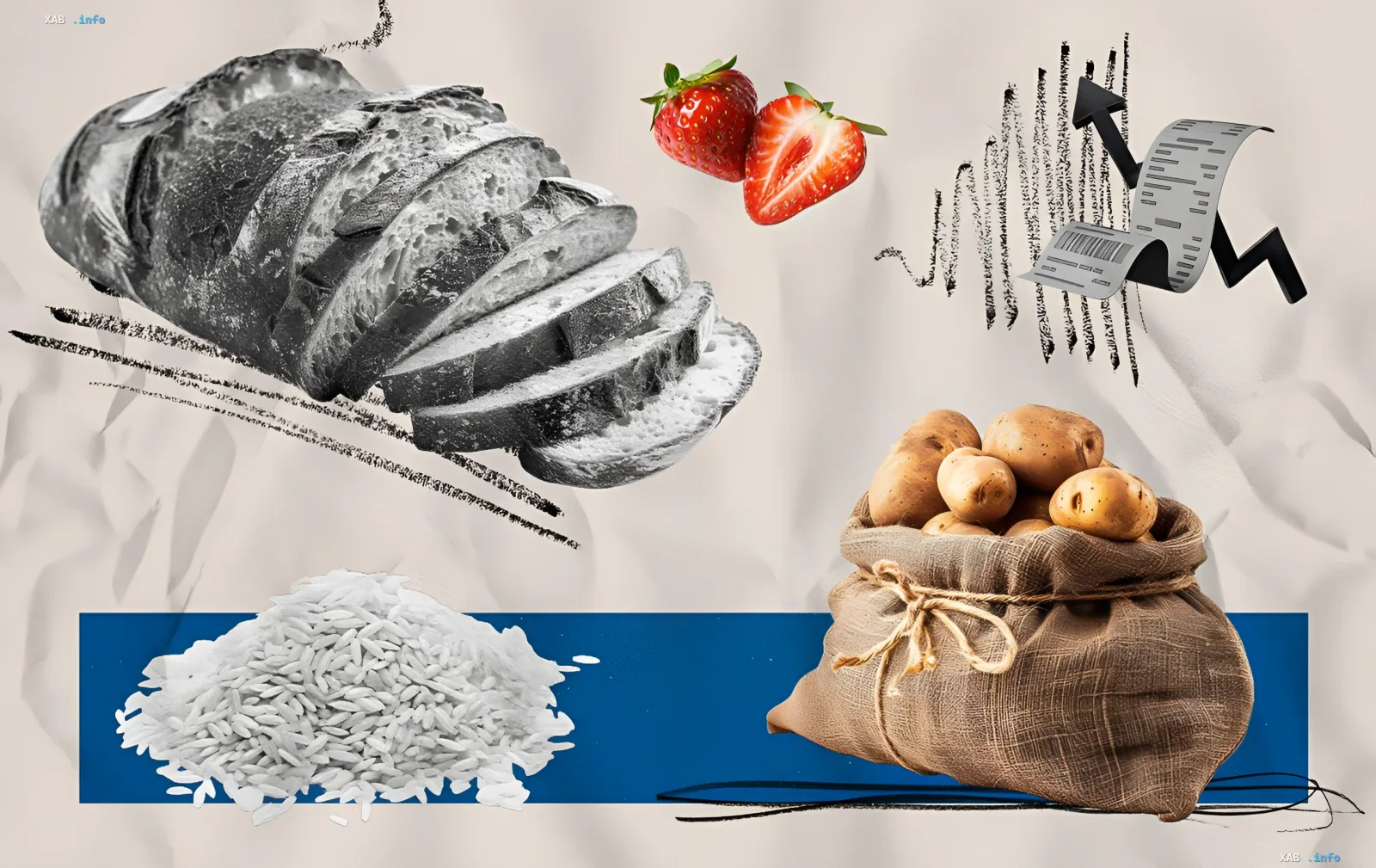 Коллаж с хлебом, картофелем, рисом и клубникой на фоне графика роста цен, иллюстрирующий изменение стоимости продуктов в украинских супермаркетах 18 июня