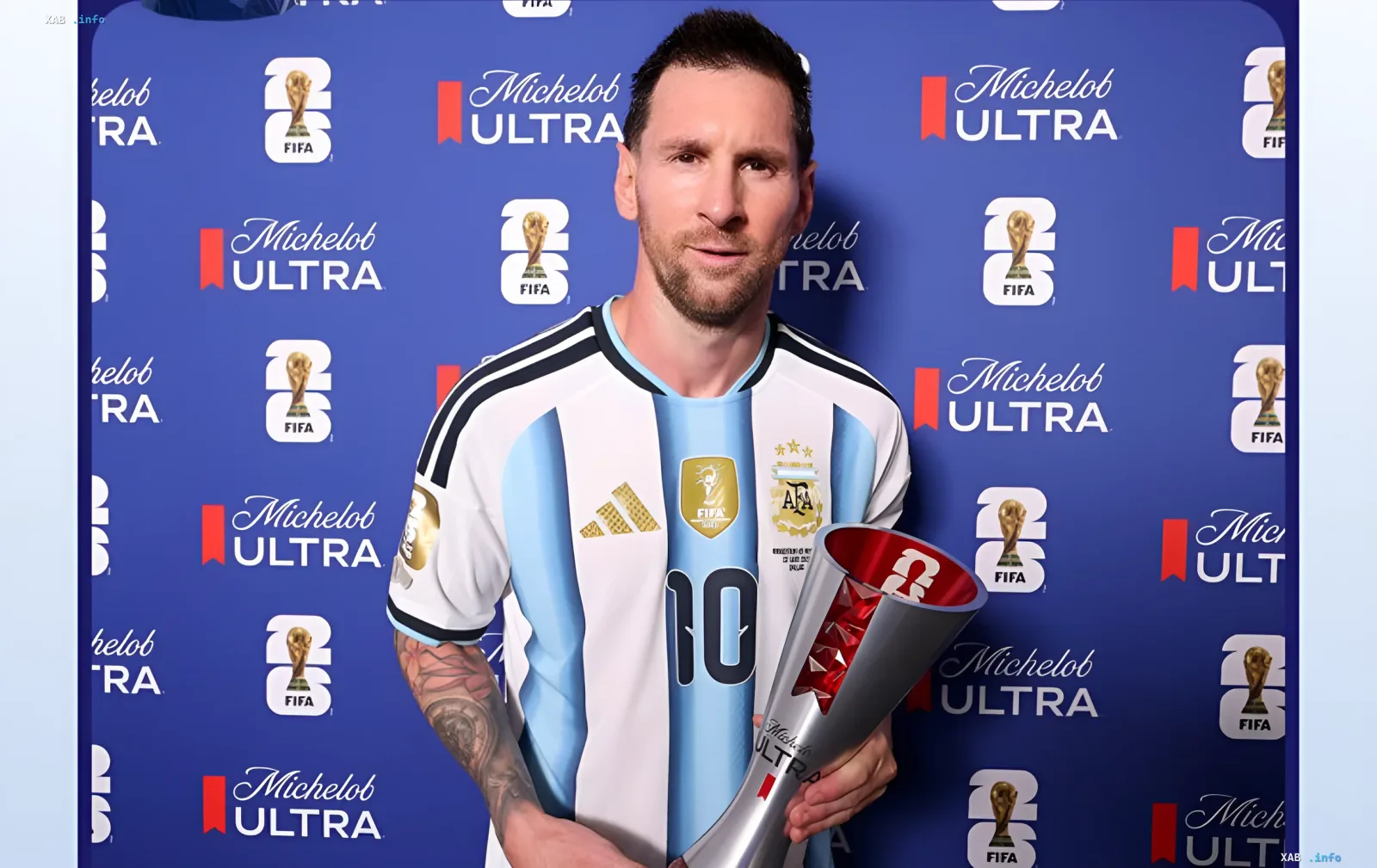 Lionel Messi in the Argentina national team jersey holding a trophy, symbolizing his achievement in the World Cup goals record