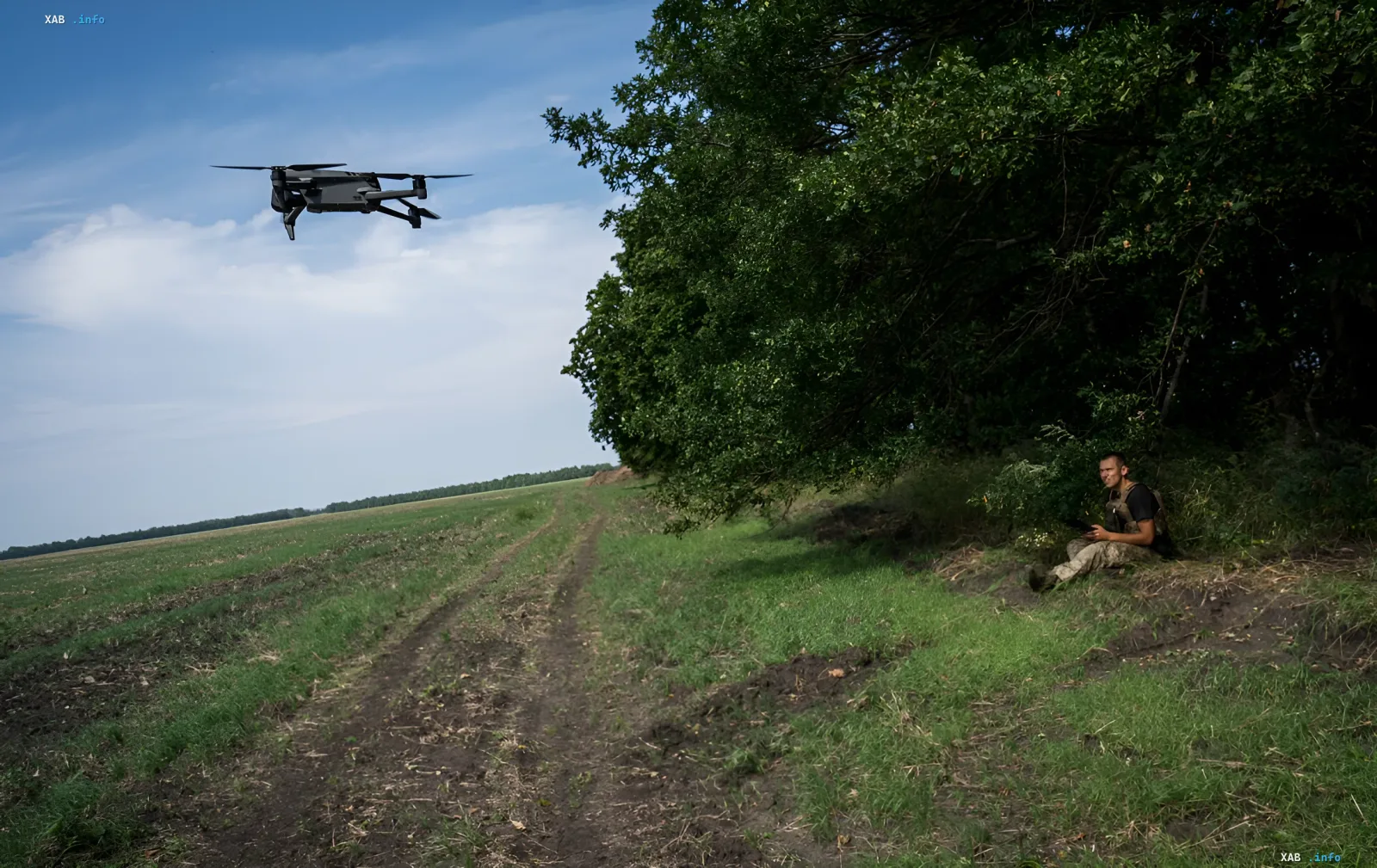 Ukrainian operator controls a combat drone in a field, symbolizing the pivotal role of UAVs in modern warfare