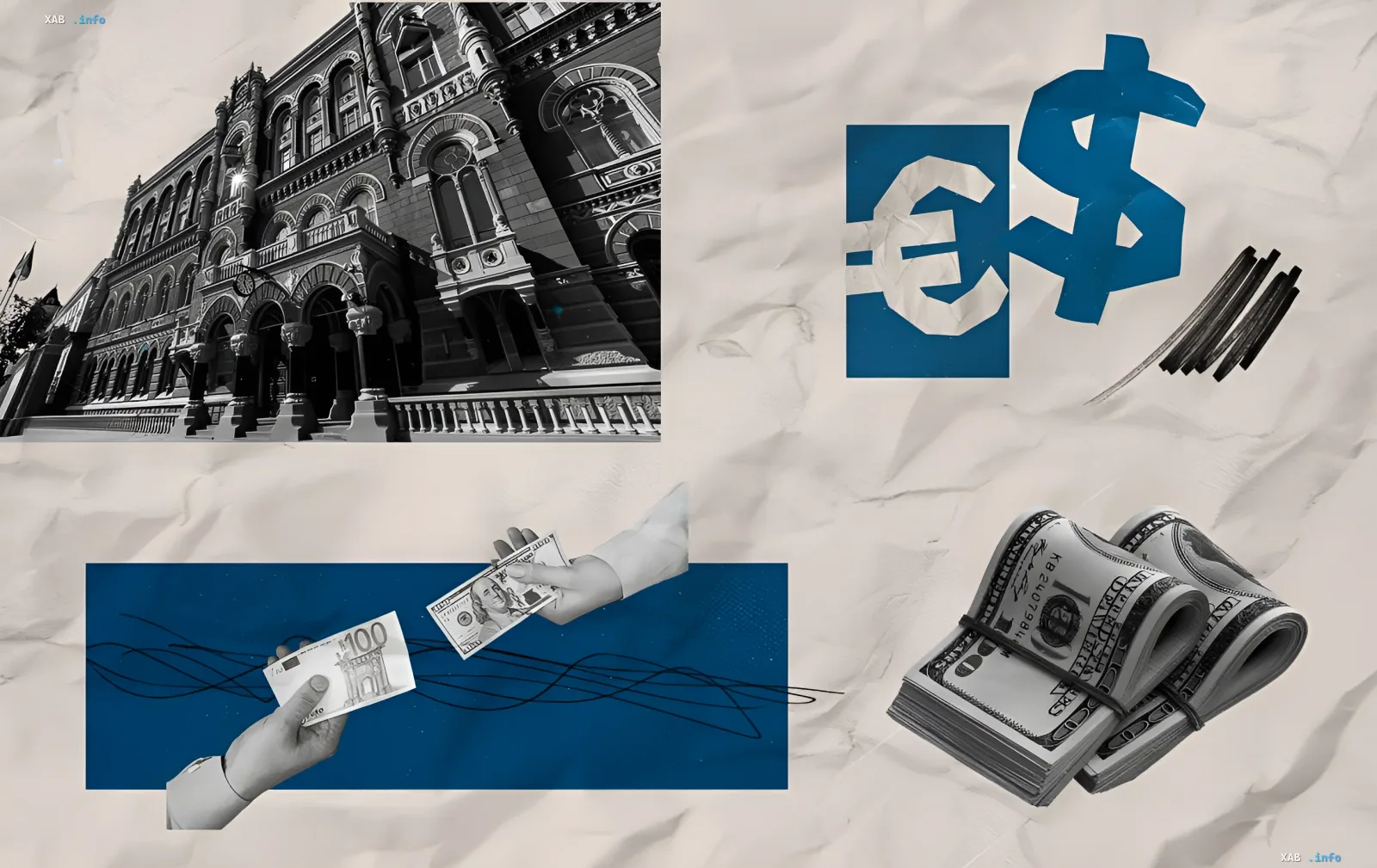 Collage featuring a bank building, euro and dollar symbols, and hands exchanging money, illustrating the theme of currency exchange rates and new account funding rules.