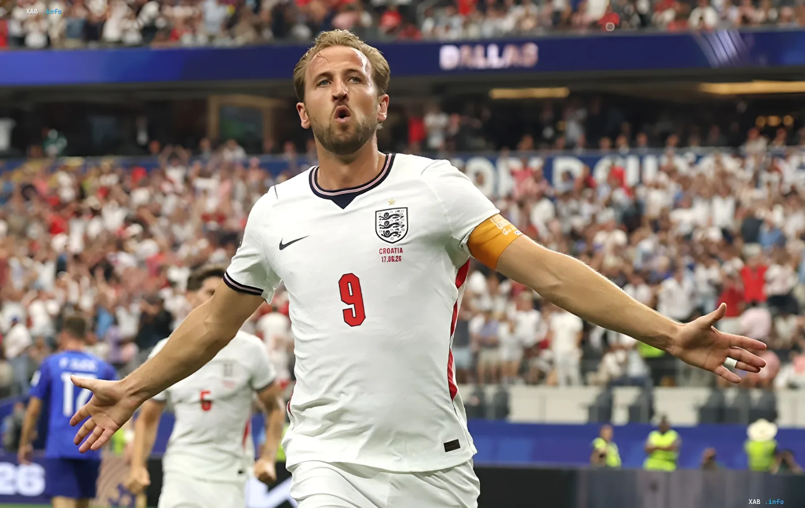 Harry Kane in England’s #9 jersey celebrates a goal at the 2026 World Cup in Dallas, but the match against Ghana ended in a draw