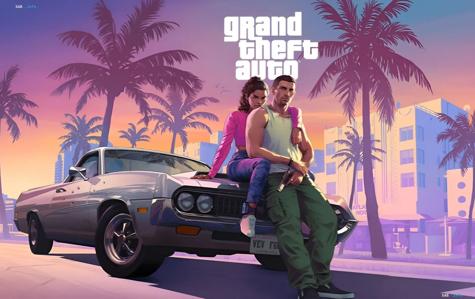 GTA VI: main characters against sunset in Vice City, classic car and palm trees — preview of release with dates, prices and exclusives