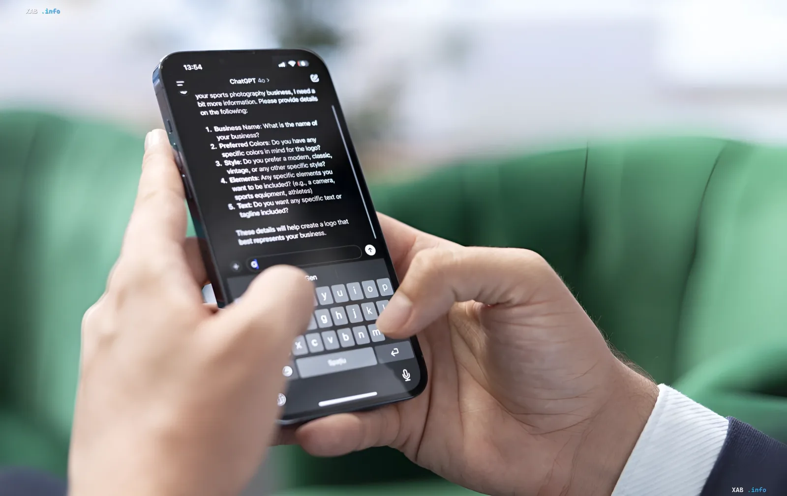 Person using ChatGPT on a smartphone to request information about a sports photography logo, demonstrating the potential of voice interaction with AI