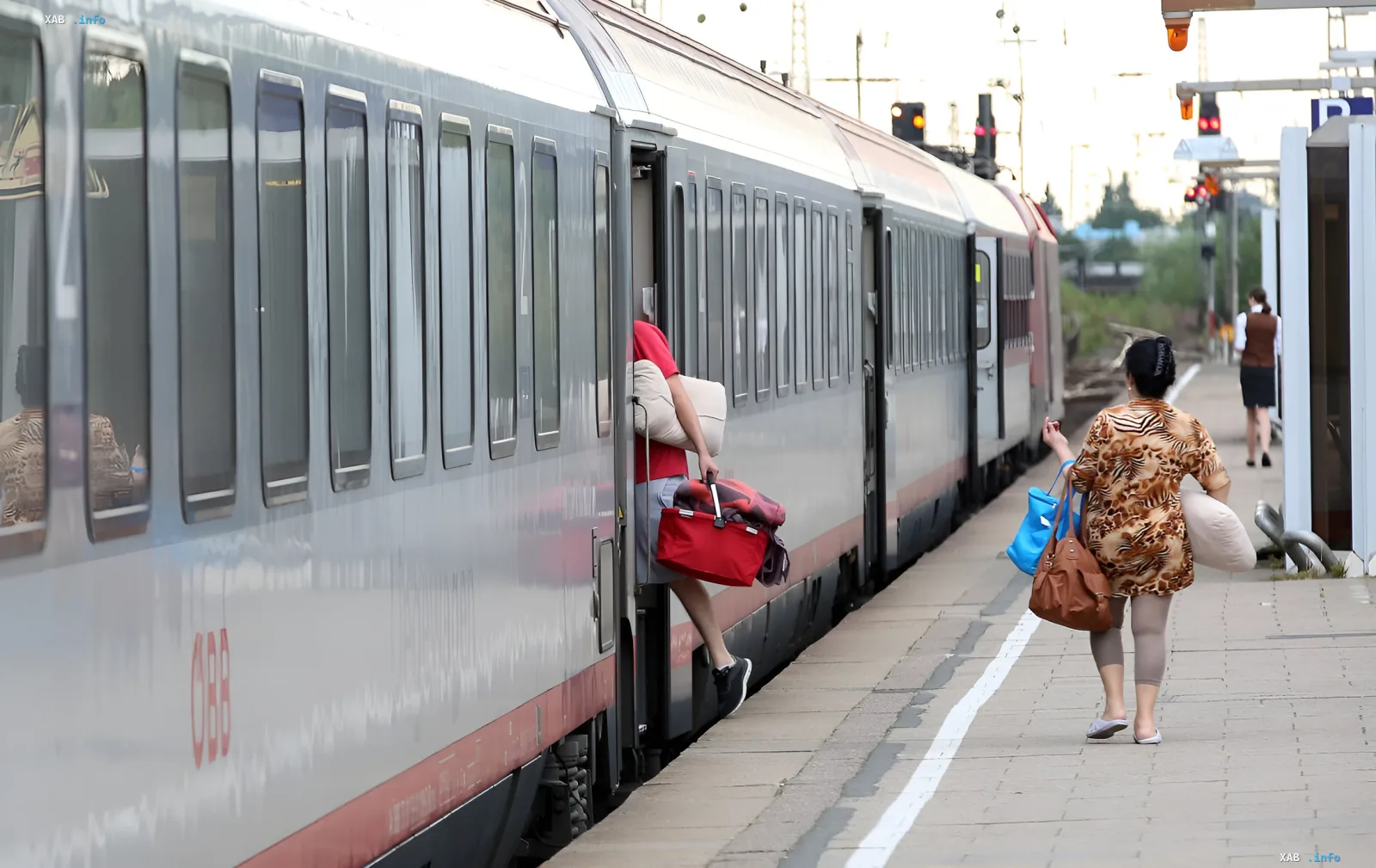Passagiere mit Gepäck versuchen, in einen stehenden Zug der Deutschen Bahn am Bahnsteig einzusteigen, was Verzögerungen und Chaos aufgrund eines Fehlers in der Funkkommunikation der deutschen Eisenbahnen veranschaulicht