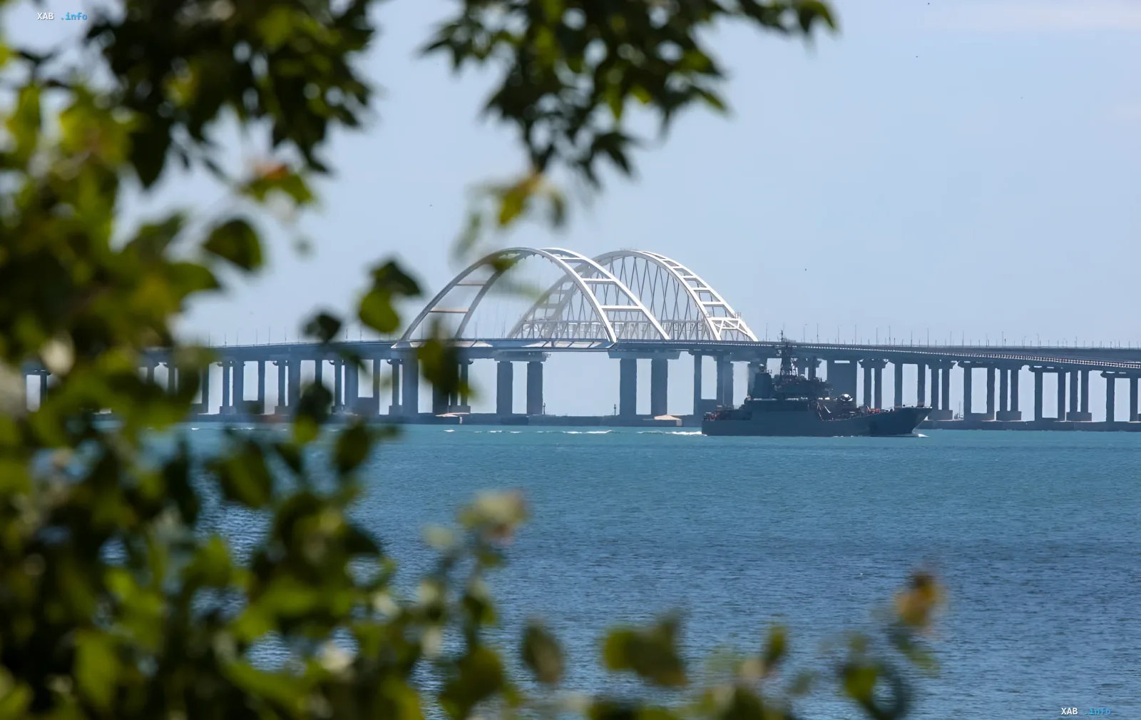 Crimea Bridge over the Kerch Strait against calm sea, viewed through tree foliage — symbol of infrastructure vulnerability to seismic threats