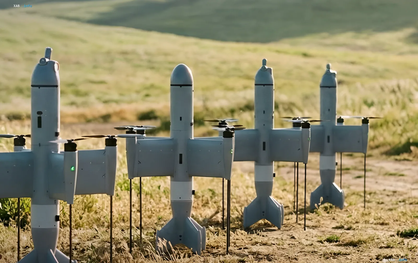 Row of Octopus-100 drones on a range, developed by Ukrainian engineers to intercept Shahed