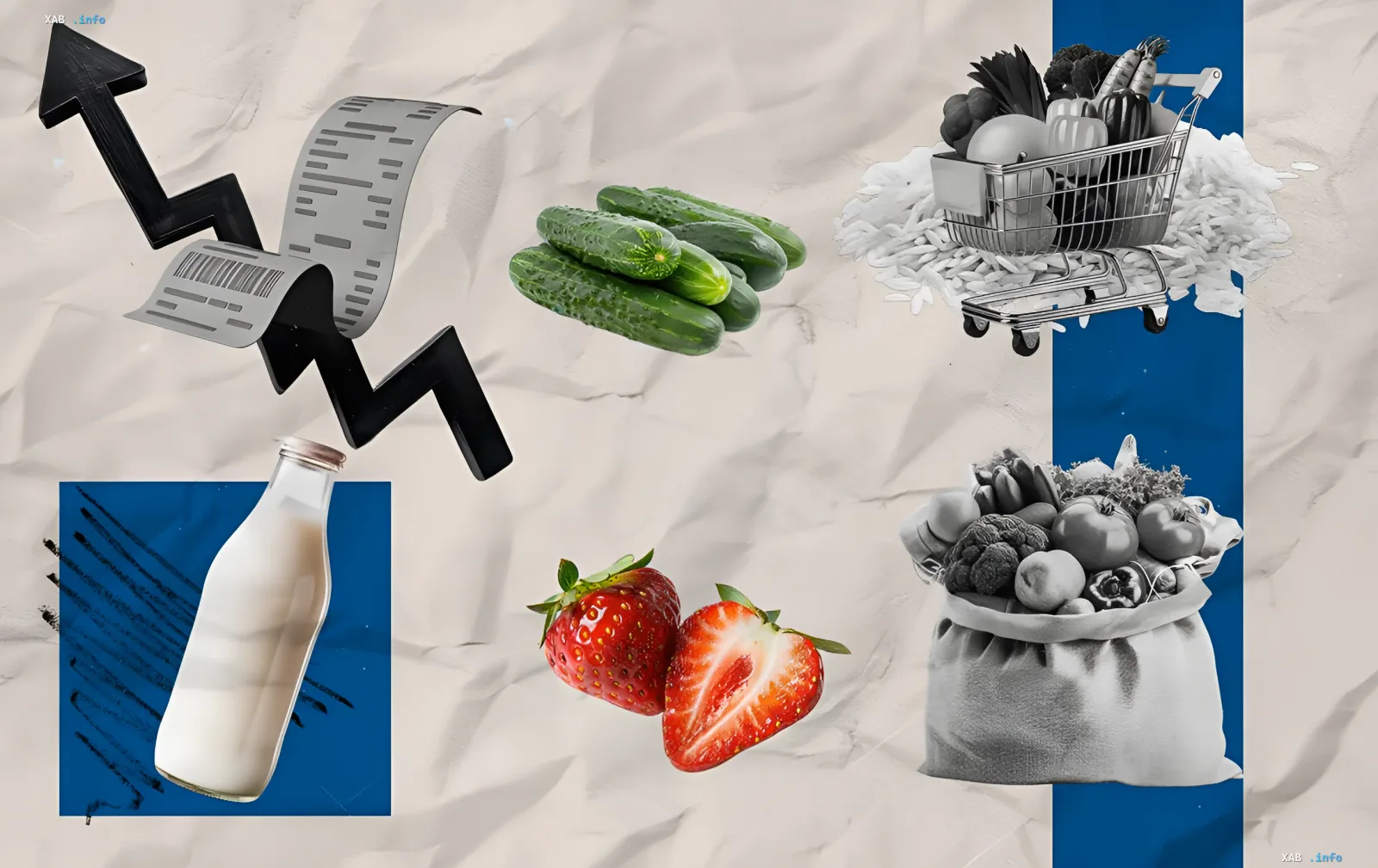 Infografik über steigende Lebensmittelpreise in der Ukraine: Pfeil nach oben, Quittung, Milch, Gurken, Erdbeeren, Gemüsekorb und Früchte in einem Sack