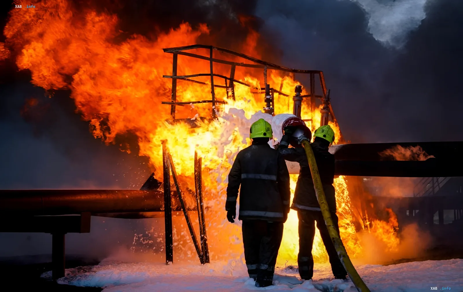 Firefighters extinguishing a large fire at an oil and gas facility in winter conditions, flames engulfing a metal structure