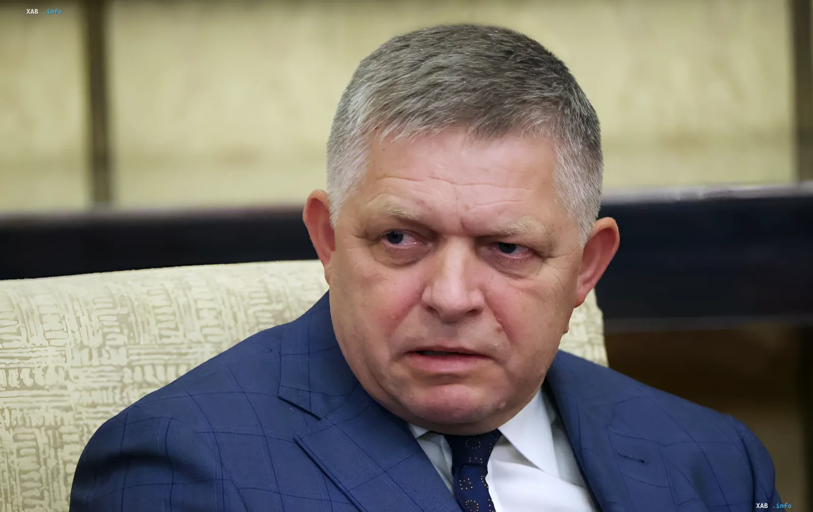 Der slowakische Ministerpräsident Robert Fico in einem blauen Anzug, diskutiert die Notwendigkeit von Verhandlungen, um den Krieg in der Ukraine zu beenden