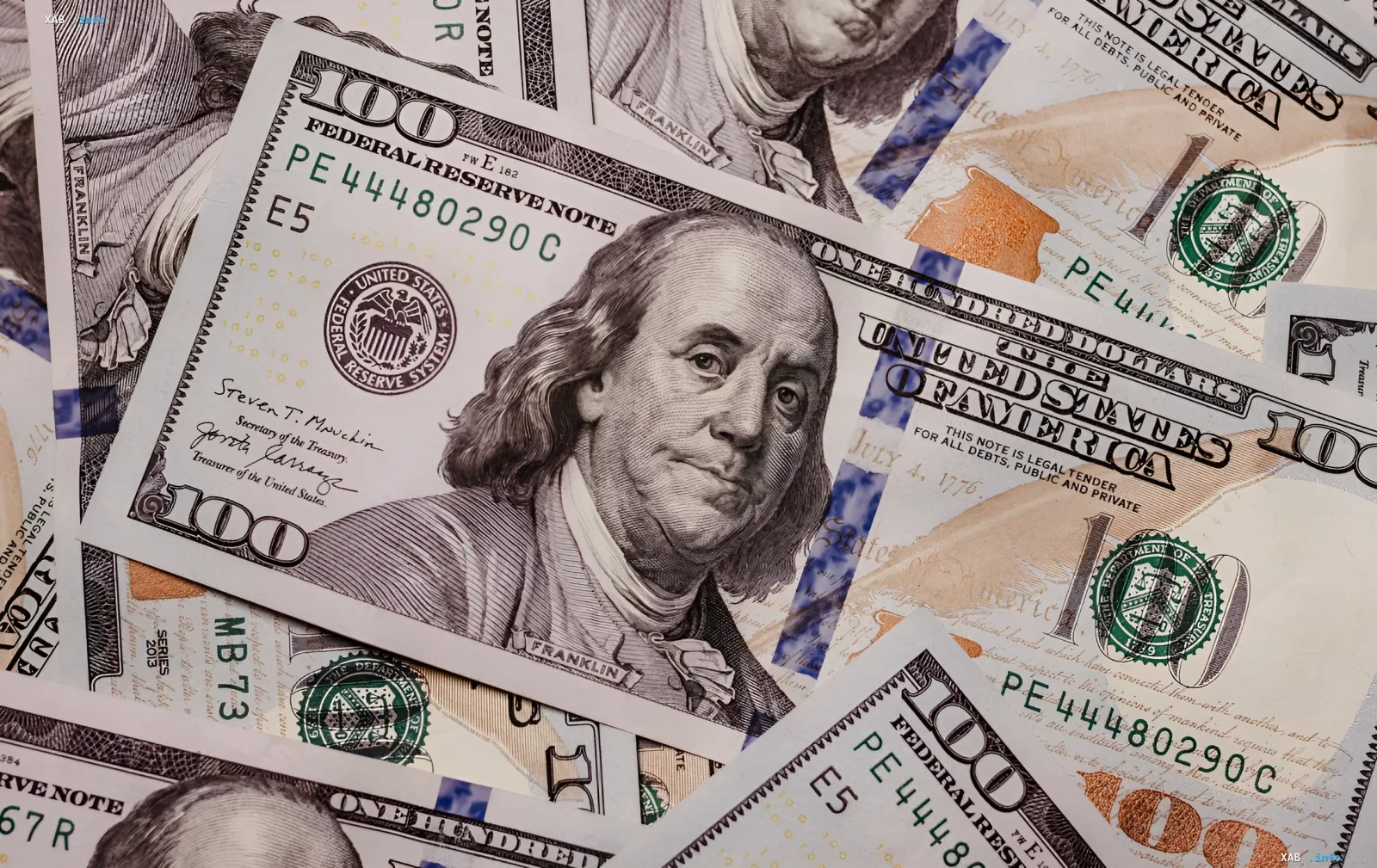 Einhundert US-Dollar auf einem Hintergrund anderer Banknoten: Symbol für Währungsvorhersagen und Dollar-/Euro-Kurse im Jahr 2026 für die Hrywnja