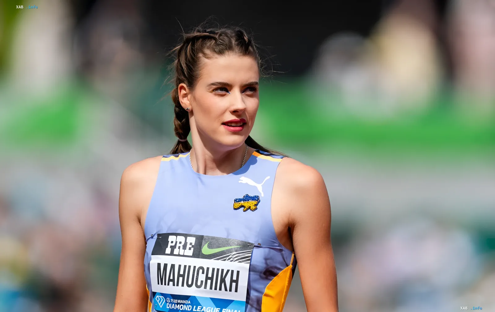 Yana Mahuchikh in Ukrainian national team kit at Diamond League Final in Zagreb before her decisive attempt