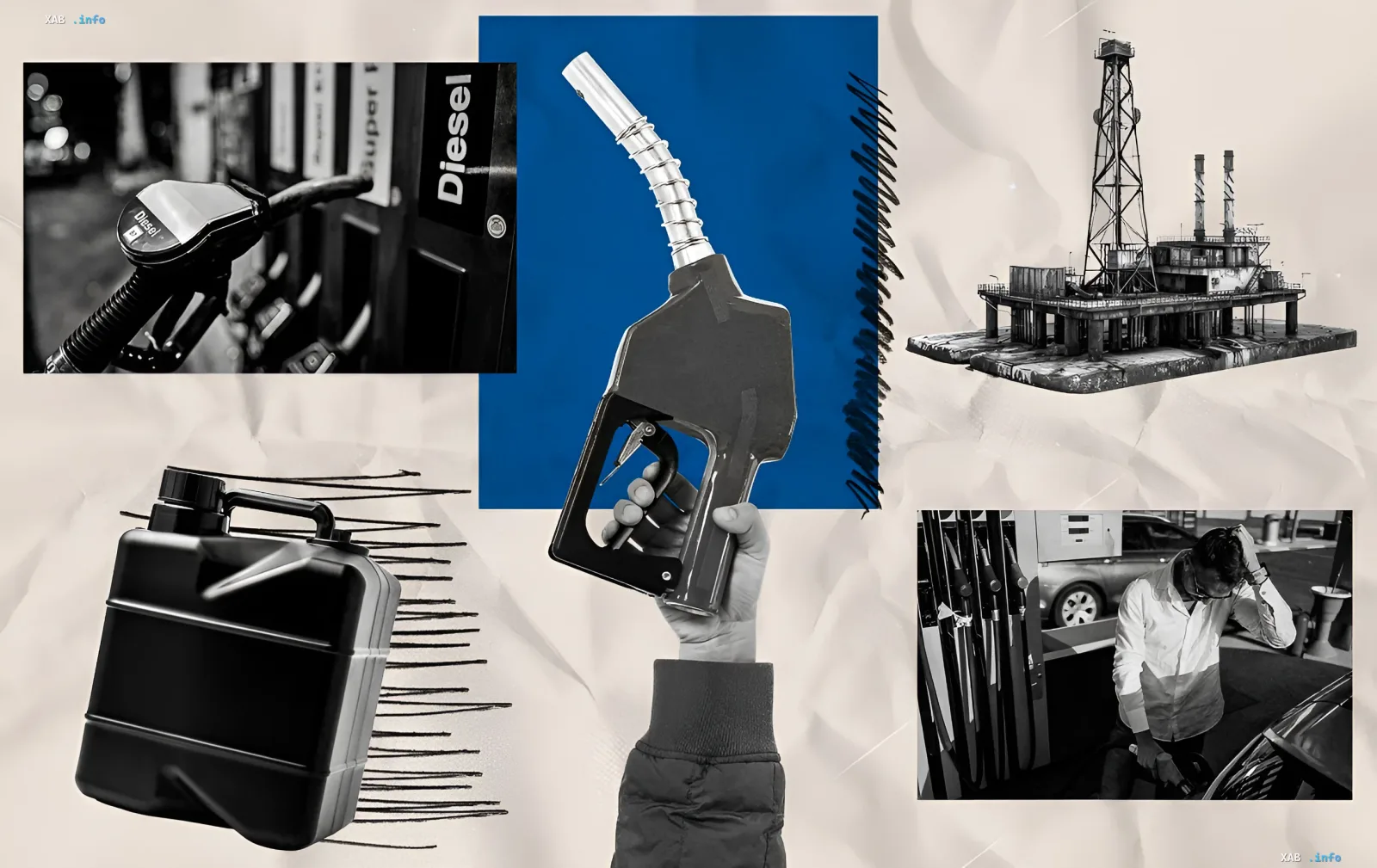 Kollage mit einem Diesel-Tankstellenpumpen, Kanister, Hand mit Tankpistole und einer Ölplattform, die Preisänderungen für Kraftstoff in der Ukraine am 25. Juni illustriert