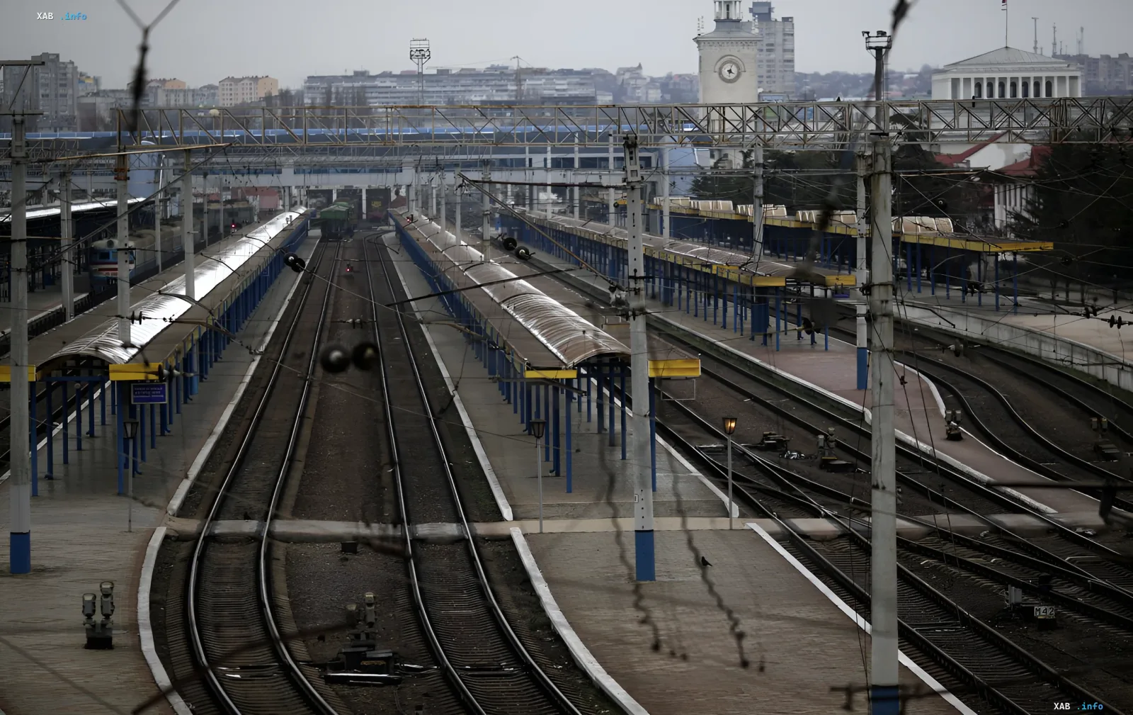 Leere Eisenbahngleise und Bahnsteige in der Krim, die den Zusammenbruch des Personenverkehrs und des Transportsystems veranschaulichen
