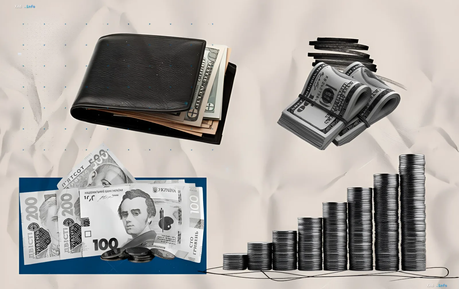 Diagramm mit steigenden Dollar- und Euro-Kursen in ukrainischen Banken mit Hrywnja-Scheinen, US-Dollar und wachsender Münzstapel