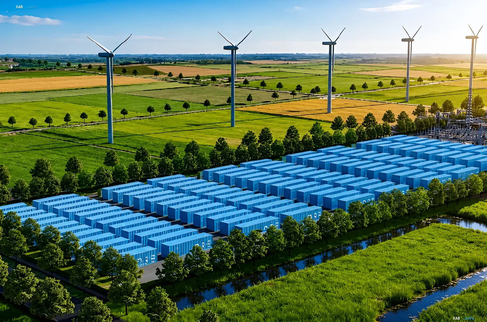 Industrieller Energiespeicherkomplex mit blauen Containern und Windturbinen vor Feldern in den Niederlanden