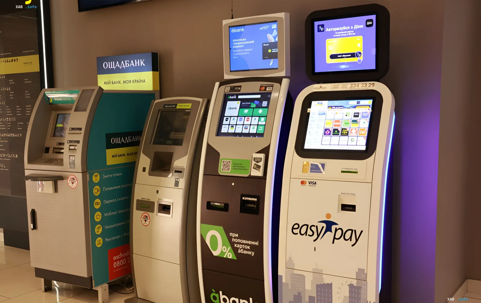 Reihe von Bankautomaten und Terminals (Oschadbank, abank, easy pay) für Kartenauffüllungen und Zahlungen