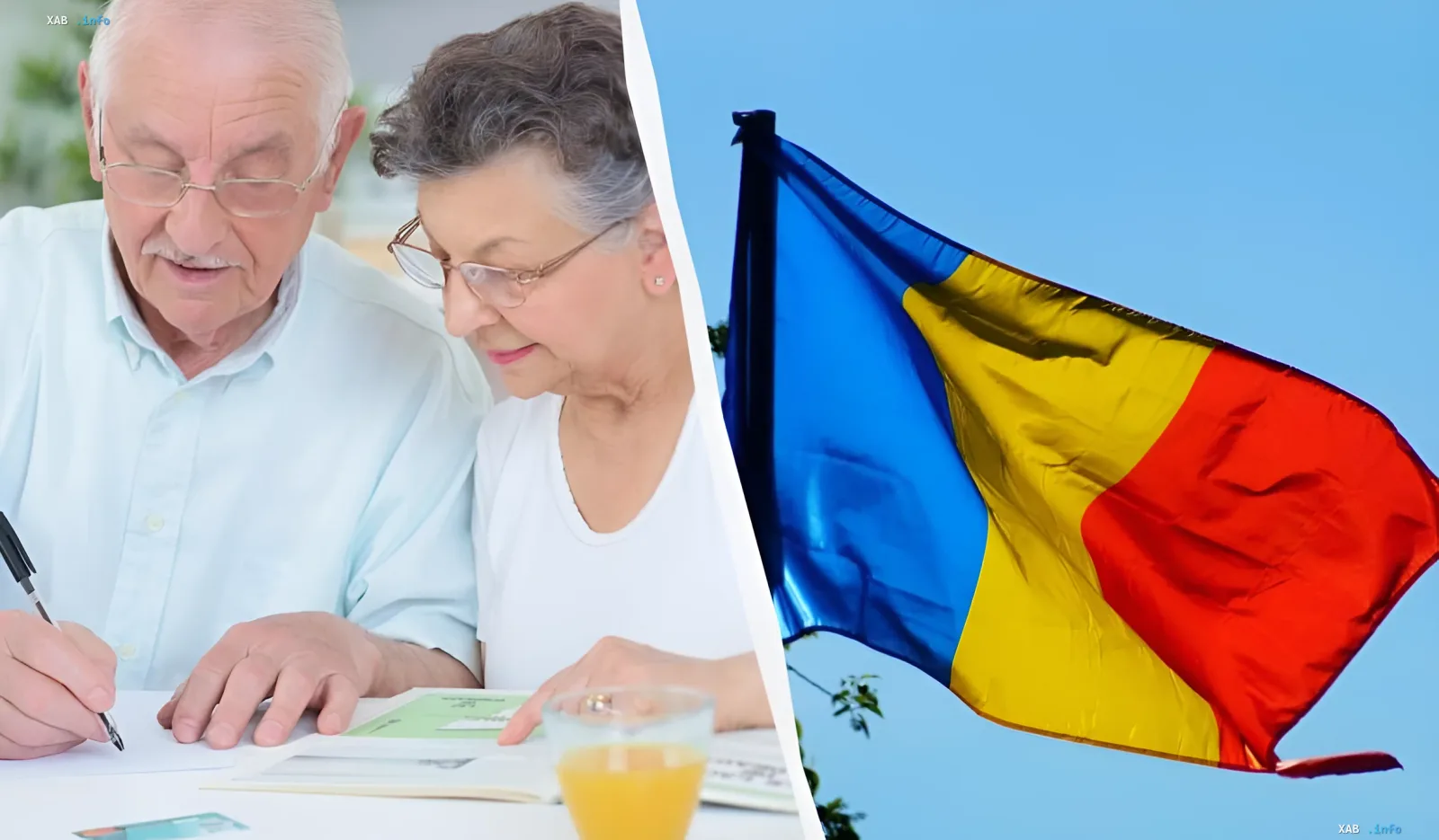 Rentner prüfen Rentenunterlagen vor rumänischer Flagge – Illustration der Rentenreform