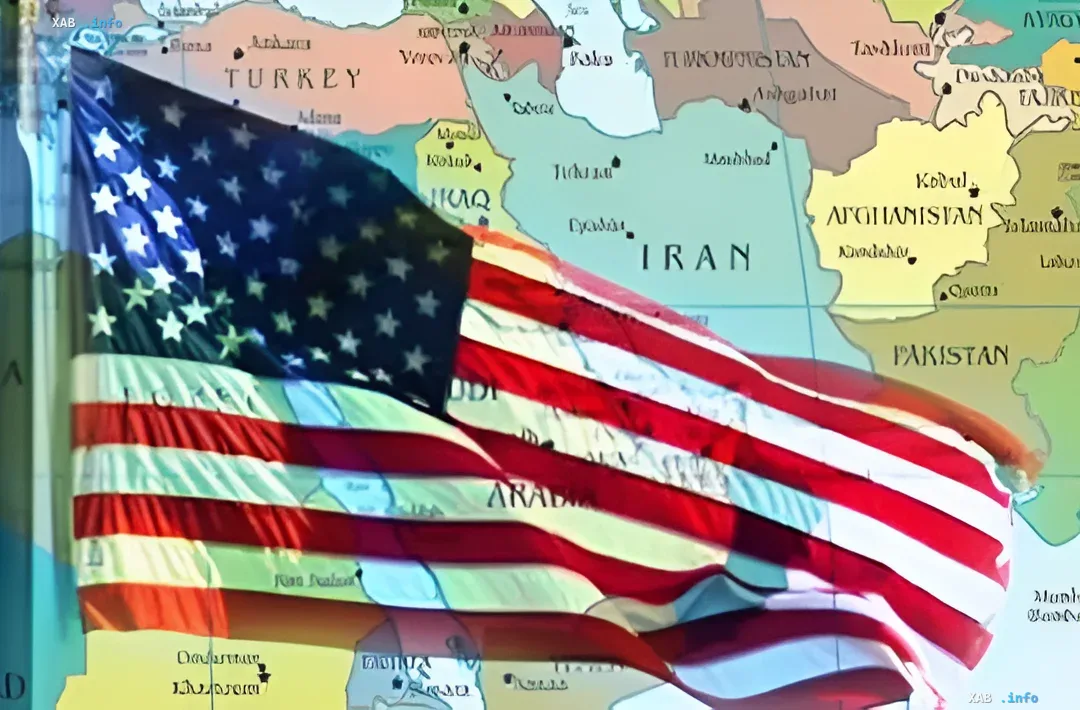 US-Flagge vor einer Nahost-Karte mit Iran, die die Folgen des Konflikts und die Ausgaben des Pentagon für Basisreparaturen symbolisiert
