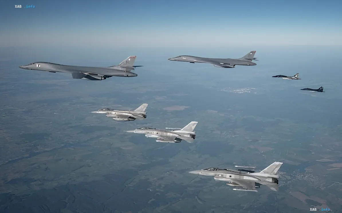 American bombers and fighters in the sky over the Strait of Hormuz, participating in a preemptive operation affecting logistics and oil prices