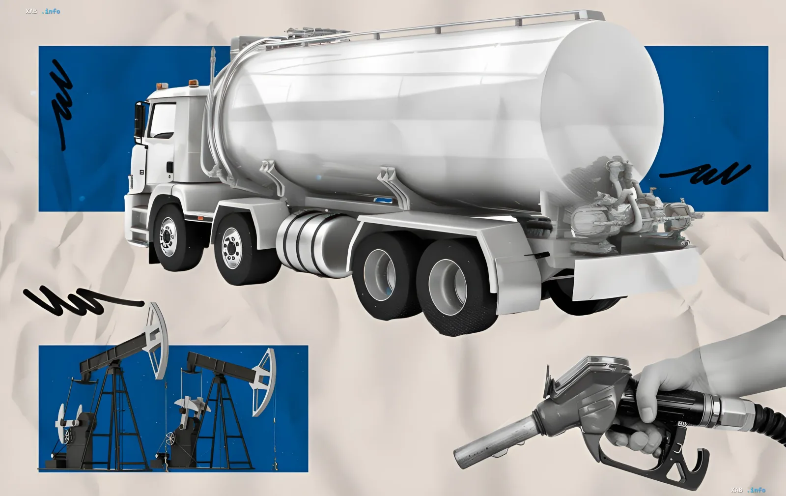 Diesel- und Gaspreise in der Ukraine: Tanklastzug, Ölpumpen und Zapfpistole vor einem Hintergrund mit fallenden Preisdiagrammen