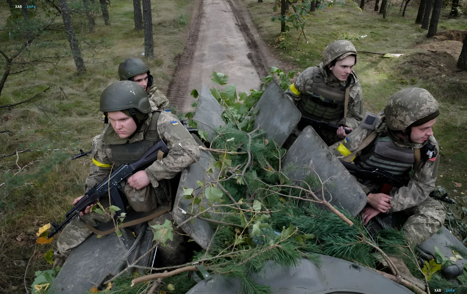 Украинские военные в камуфляже с оружием и щитами на фоне лесной дороги, символизирующие службу, которую теперь можно планировать через приложение Армия+