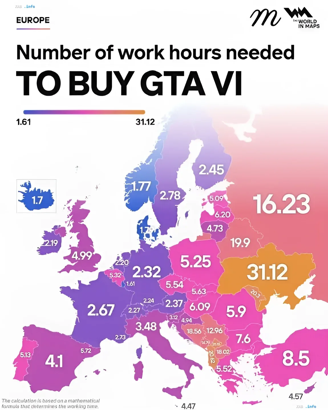 Karte Europas, die die Anzahl der Arbeitsstunden zeigt, die benötigt werden, um GTA VI zu kaufen. Die Ukraine ist in Orange hervorgehoben mit einem Wert von 31.12 Stunden, dem höchsten Wert auf der Karte.