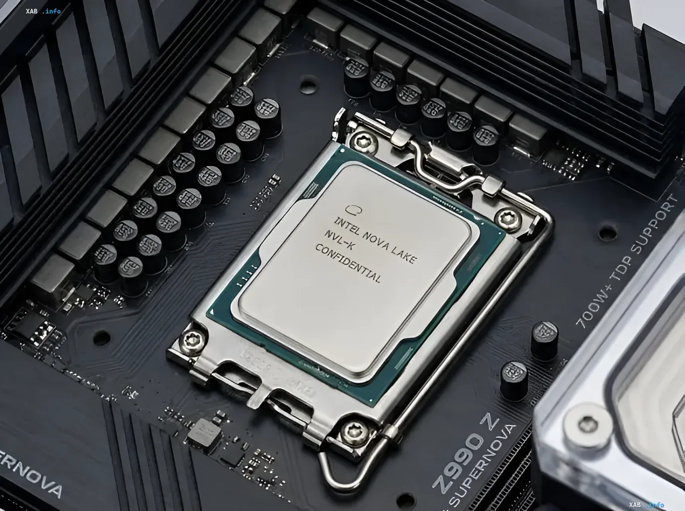 Тестовый образец процессора Intel Nova Lake NVL-K на материнской плате, иллюстрирующий утечку о высоком TDP