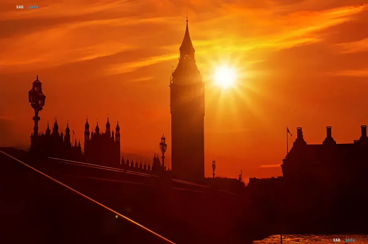 Silhouette of Big Ben and the Houses of Parliament against a blazing sunset in London, symbolizing the extreme heat that led to the cancellation of the climate conference