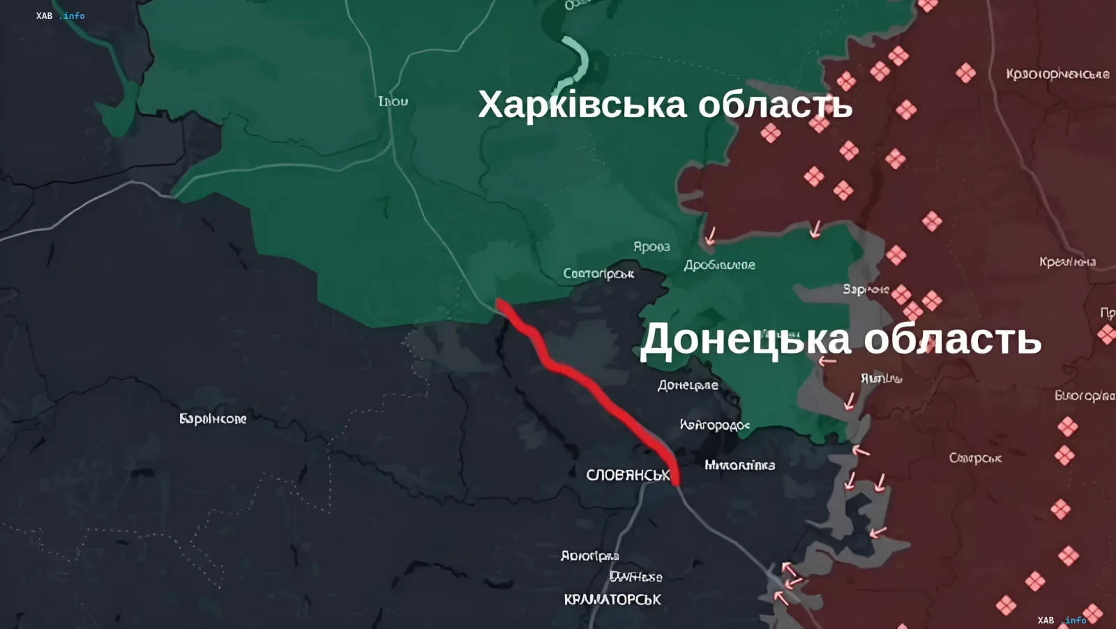 Карта боевых действий в Харьковской и Донецкой областях с выделенной красной линией трассы Славянск — Изюм, показывающей зону потенциальной блокады