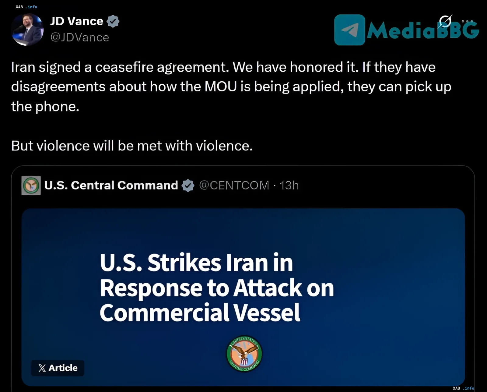 Tweet von JD Vance, in dem er erklärt, dass die USA das Waffenstillstandsabkommen mit Iran einhalten, aber Gewalt mit Gewalt beantworten werden, sowie ein Screenshot des CENTCOM-Posts über den US-Angriff auf Iran als Reaktion auf einen Angriff auf ein Handelsschiff