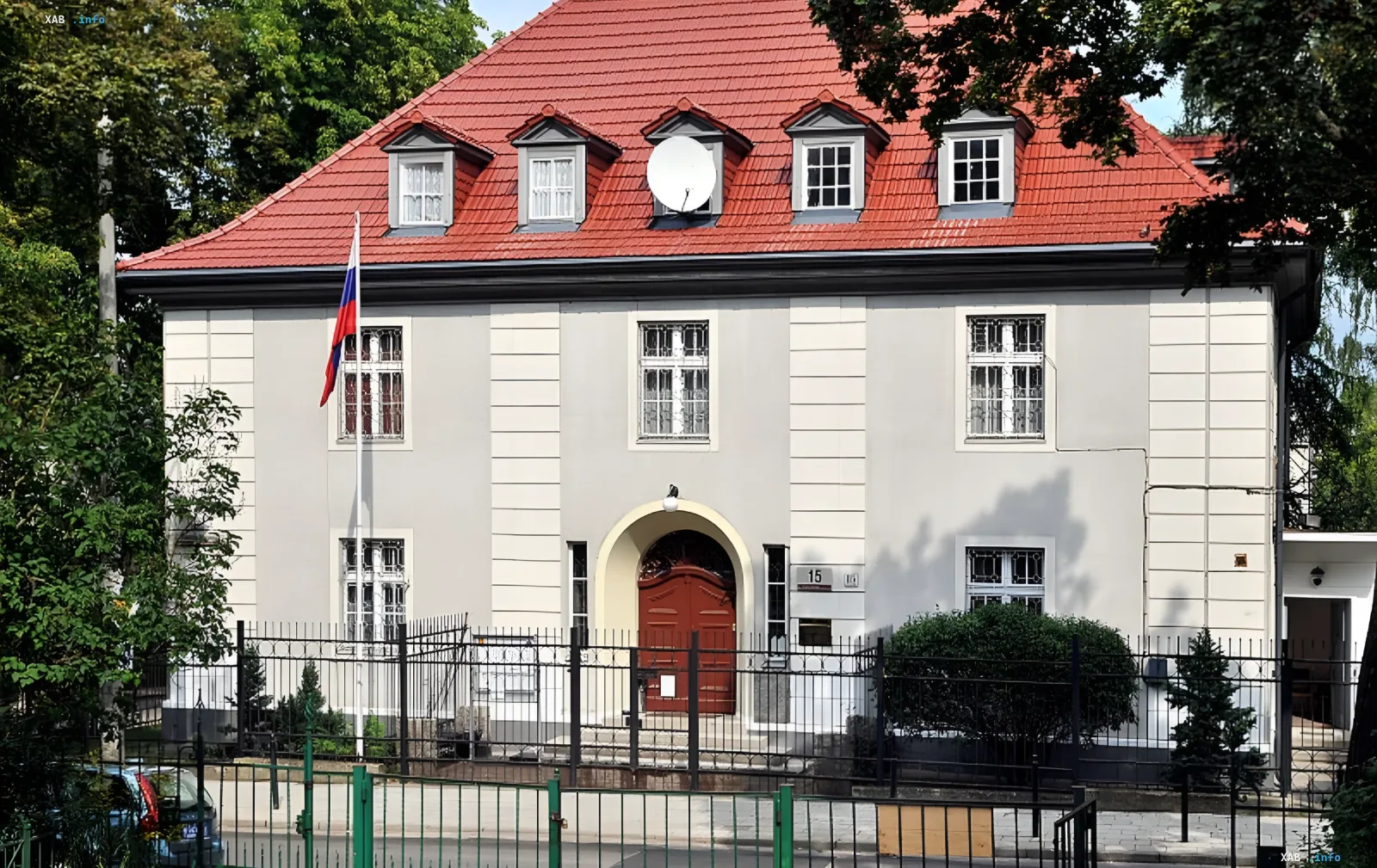 Former Russian General Consulate building in Gdansk, Poland, with Russian flag on facade and number 15