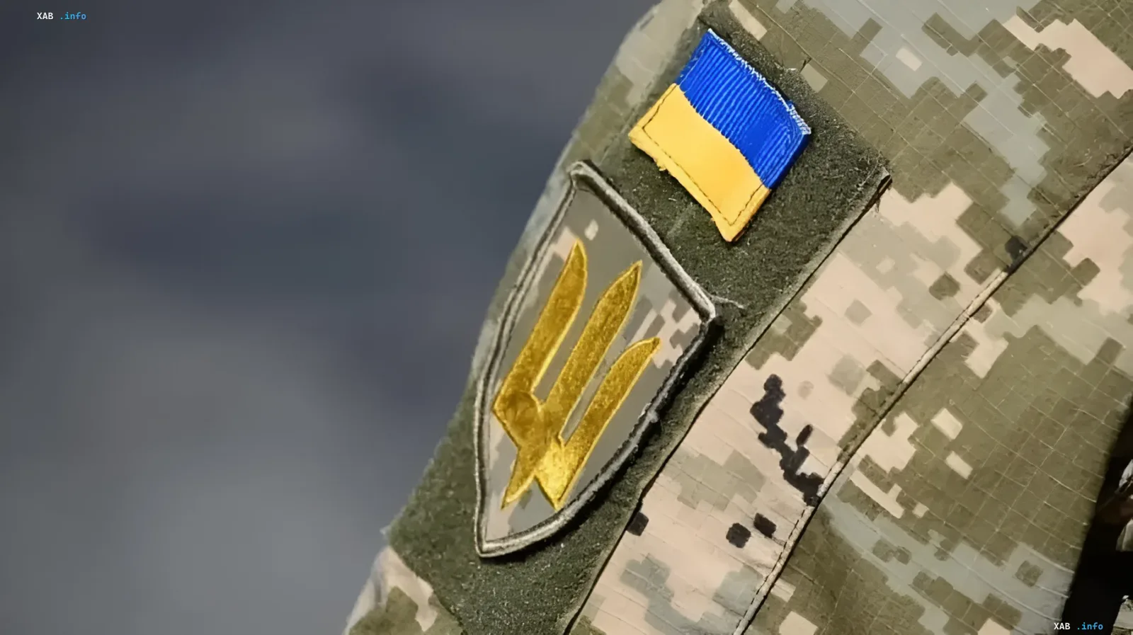 Ukrainischer Soldat mit einem Dreizack-Aufnäher und der ukrainischen Flagge auf Tarnuniform, die die Reform der Verteidigungskräfte symbolisiert