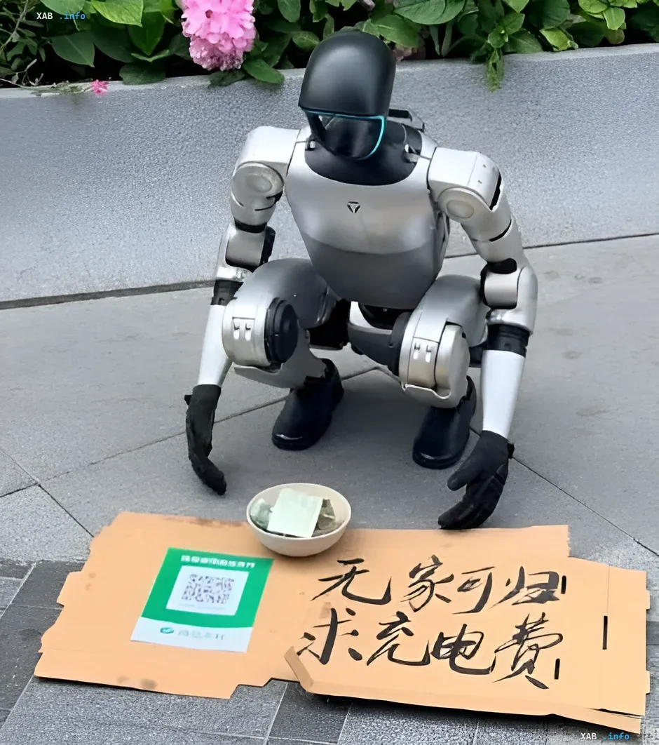 Humanoid robot in a beggar pose with a sign in Chinese and a QR code for charging donations