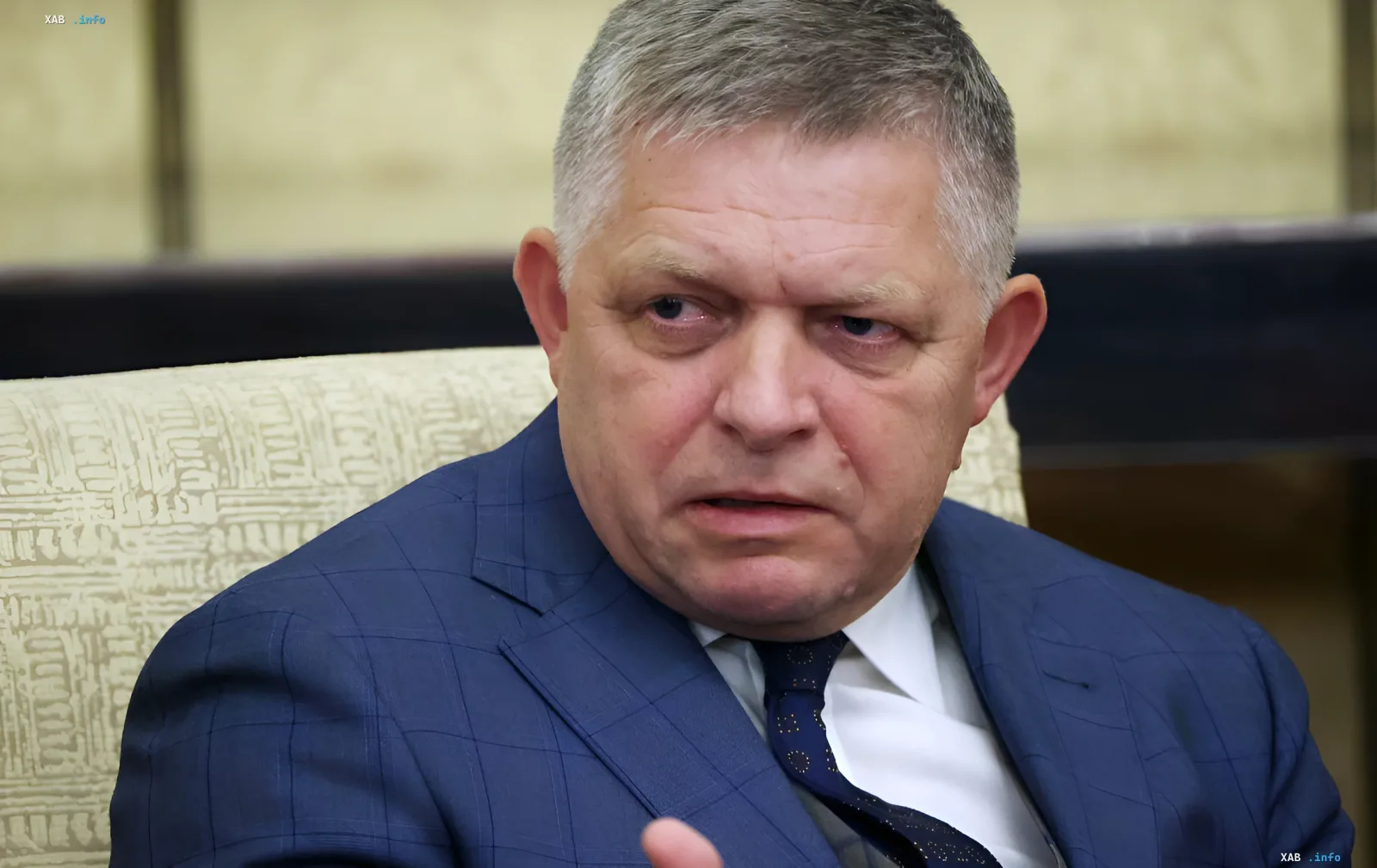 Robert Fico in a blue suit discussing the blocking of aid to Ukraine at the NATO summit