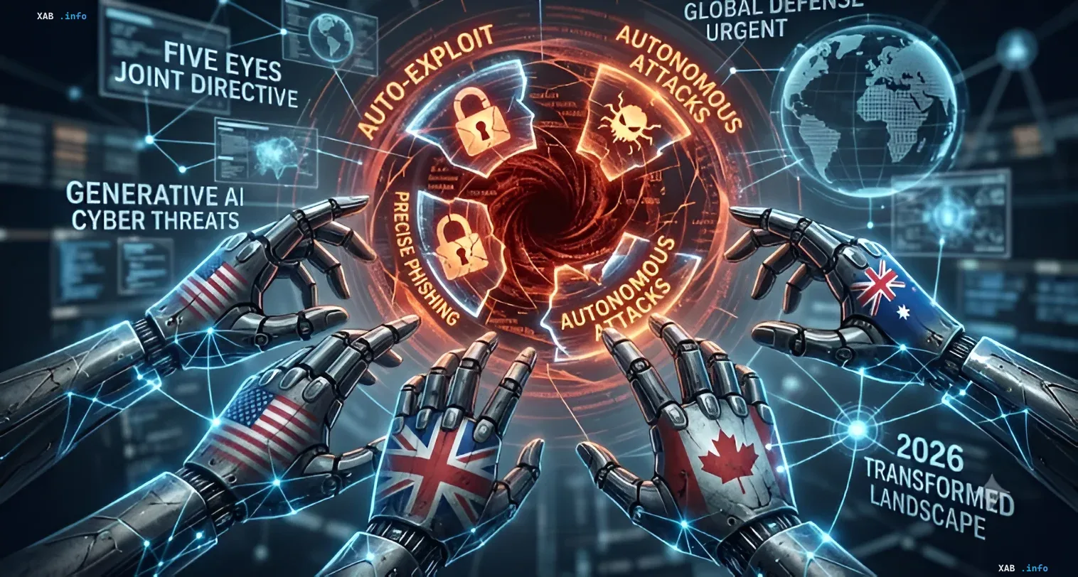 Роботизированные руки с флагами стран Five Eyes (США, Великобритания, Канада, Австралия) окружают цифровой интерфейс с угрозами ИИ: авто-эксплойты, фишинг и автономные атаки. Визуализация предупреждения о кибервойне и ответственности директоров.