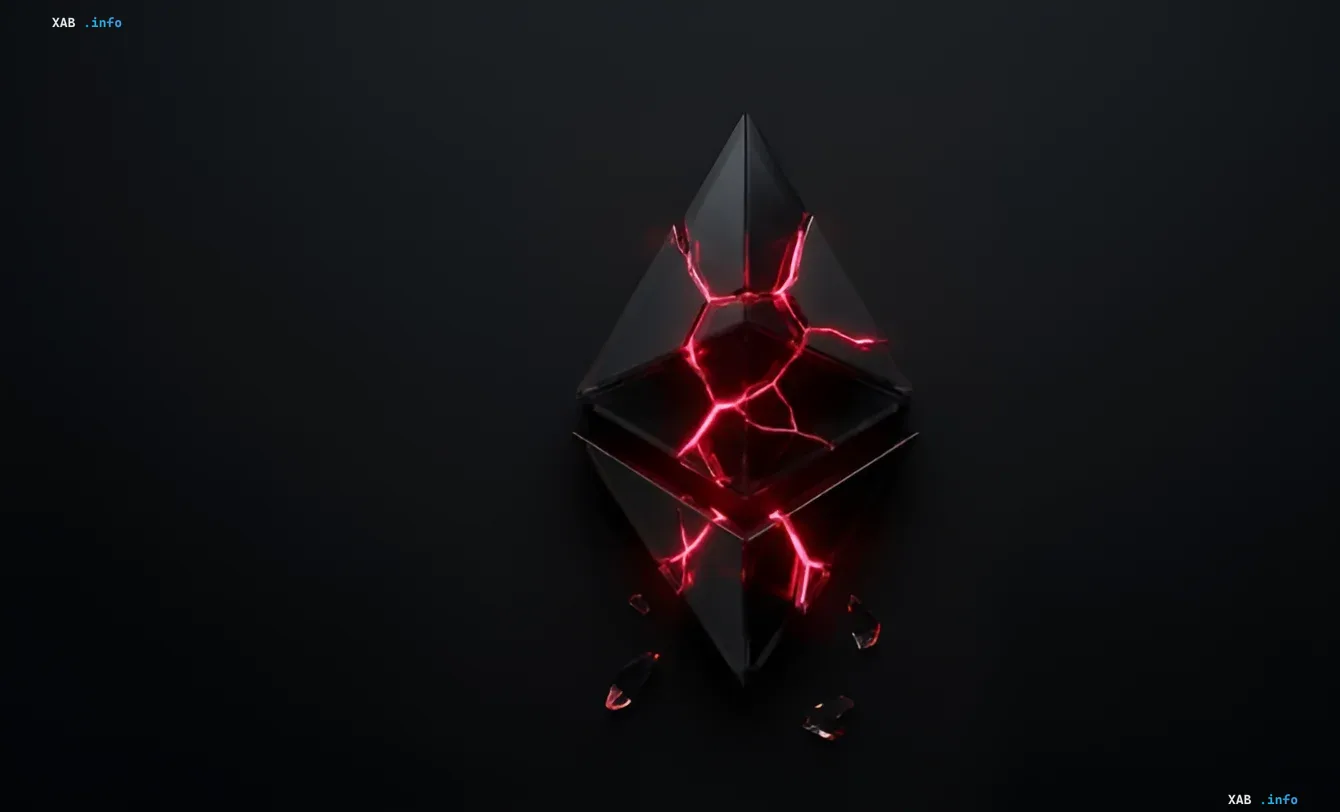 Разбитый черный кристалл Ethereum с красными трещинами, символизирующий крах MEV-алгоритма и взлом бота JaredFromSubway