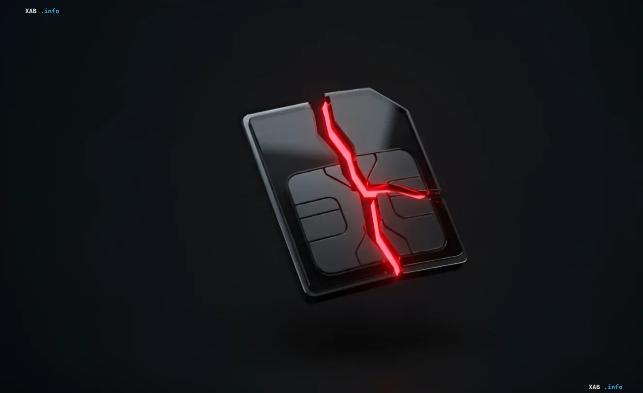 Сломанная SIM-карта с красной трещиной — символ борьбы с мошенничеством через запрет звонков и SMS для умных карт