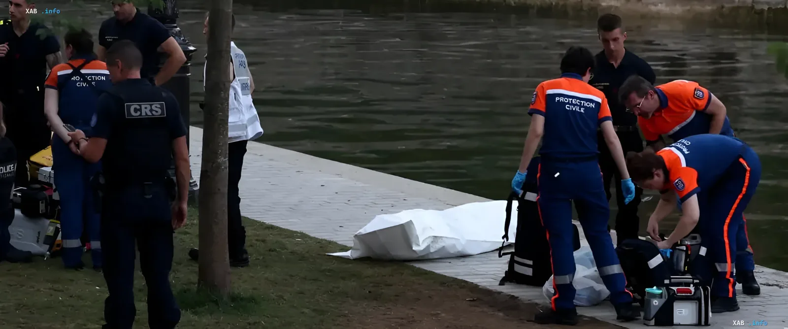 Civil Protection rescuers and CRS police by the river in Paris, next to a white body bag, amid the 2026 heatwave
