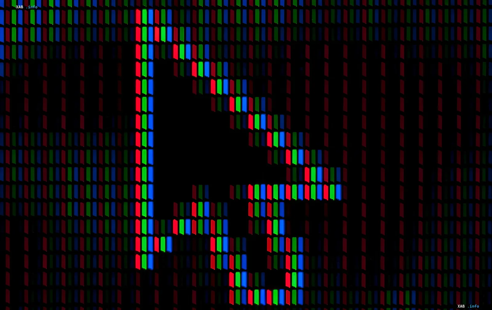 Макросъемка пиксельной матрицы с RGB-подсветкой, демонстрирующая структуру Фурье-пикселя — устройства, объединяющего функции экрана и камеры
