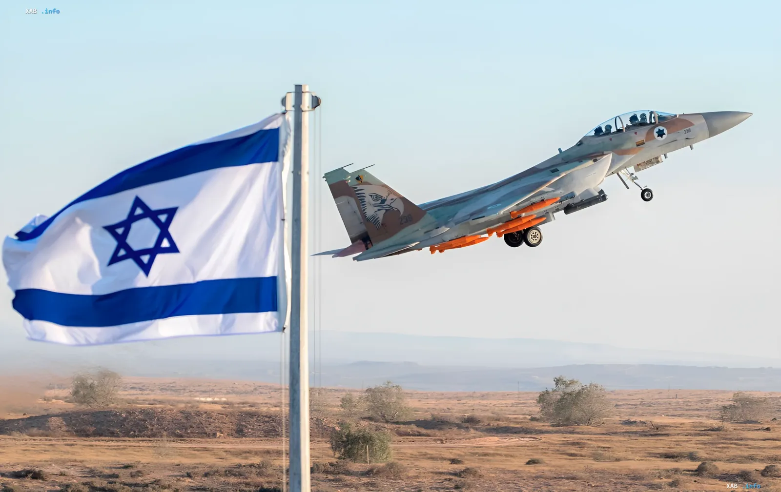 Israelischer F-16-Jäger startet vor dem Hintergrund der israelischen Flagge – Symbol für den historischen Schritt des Staates zur Anerkennung des armenischen Völkermords