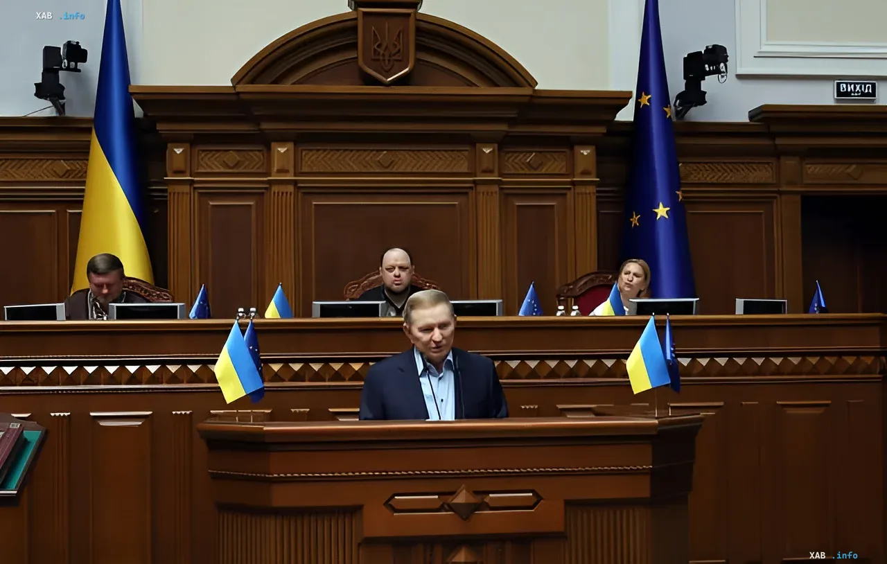 Леонид Кучма выступает с речью в Верховной Раде Украины, флагами Украины и ЕС на фоне, обсуждая конституционные вопросы.