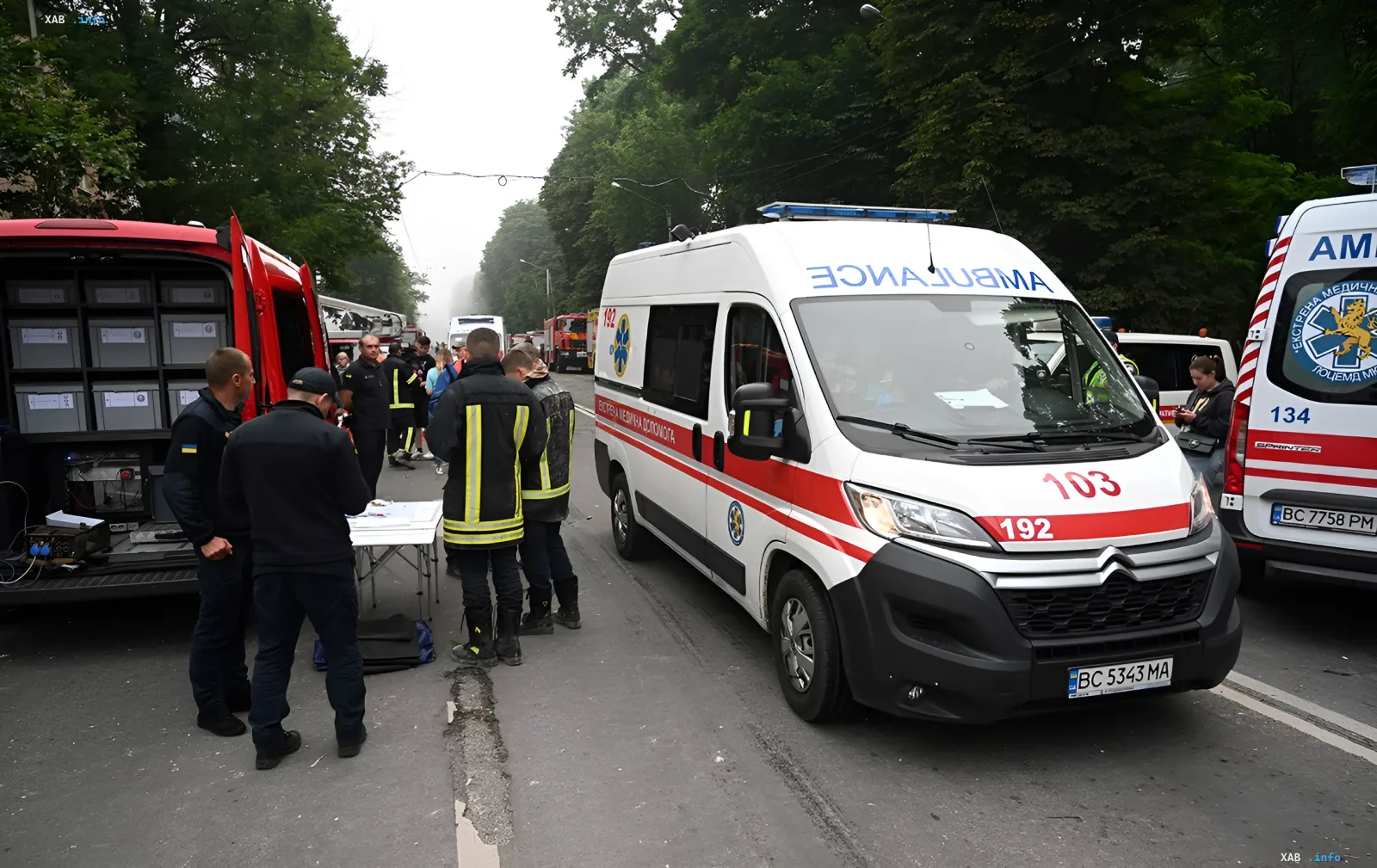 Rescue services and ambulance at the site of the storm in Lviv after a lightning strike
