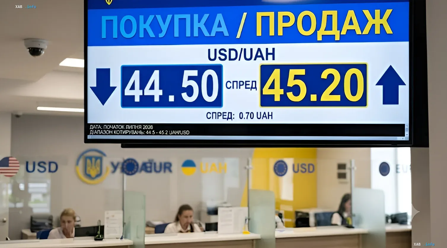 Электронное табло в украинском банке показывает курс USD/UAH на начало июля 2026 года: покупка 44.50, продажа 45.20 — спред 0.70 грн, что иллюстрирует расширение разницы между курсами для населения