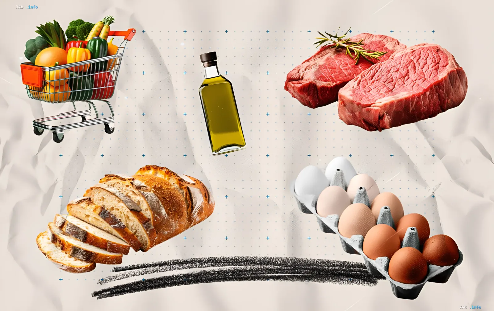 Einkaufswagen mit Gemüse, Brot, Eiern, Fleisch und Olivenöl — Produkte, deren Preise in ukrainischen Supermärkten sich ändern: einige sind teurer geworden, andere bleiben stabil